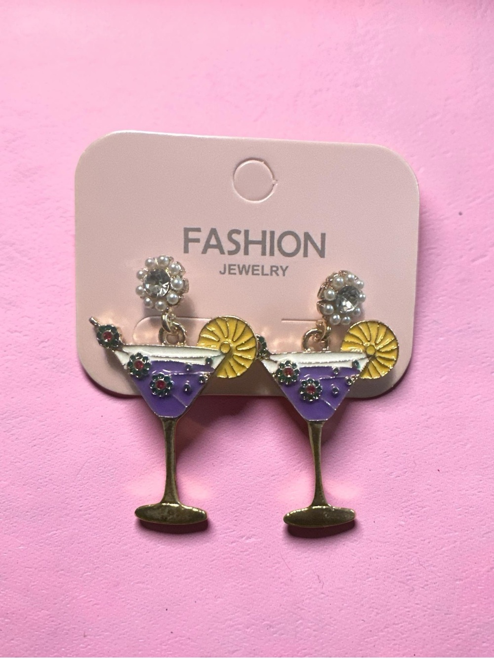 Fashion Jewelry Purple Martini Glass Earrings with Yellow Lemon Accents